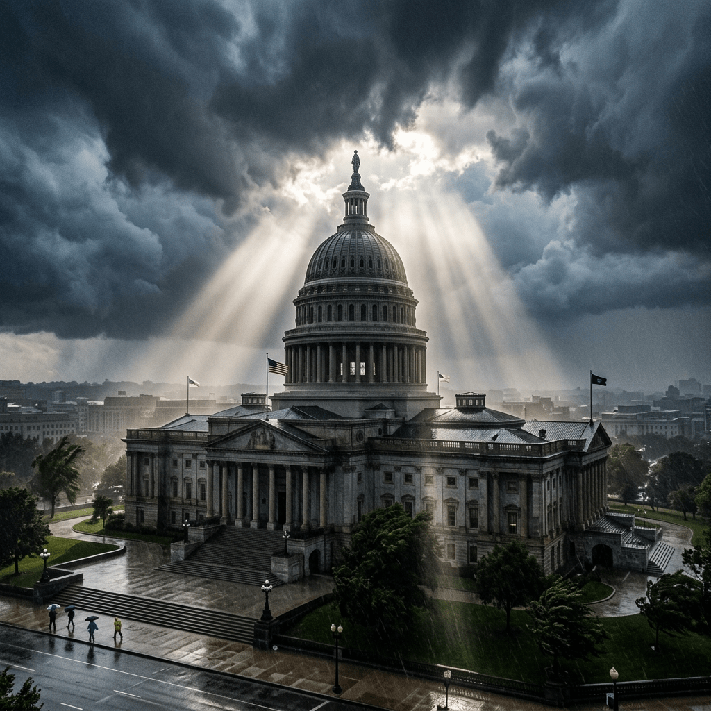 U.S. Capitol building lit by sun rays through dark storm clouds with wet pavement